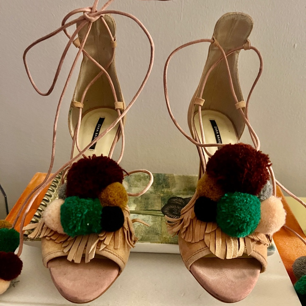 Zara Pale Pink Heels with Colorful Pom-Poms 🌸
